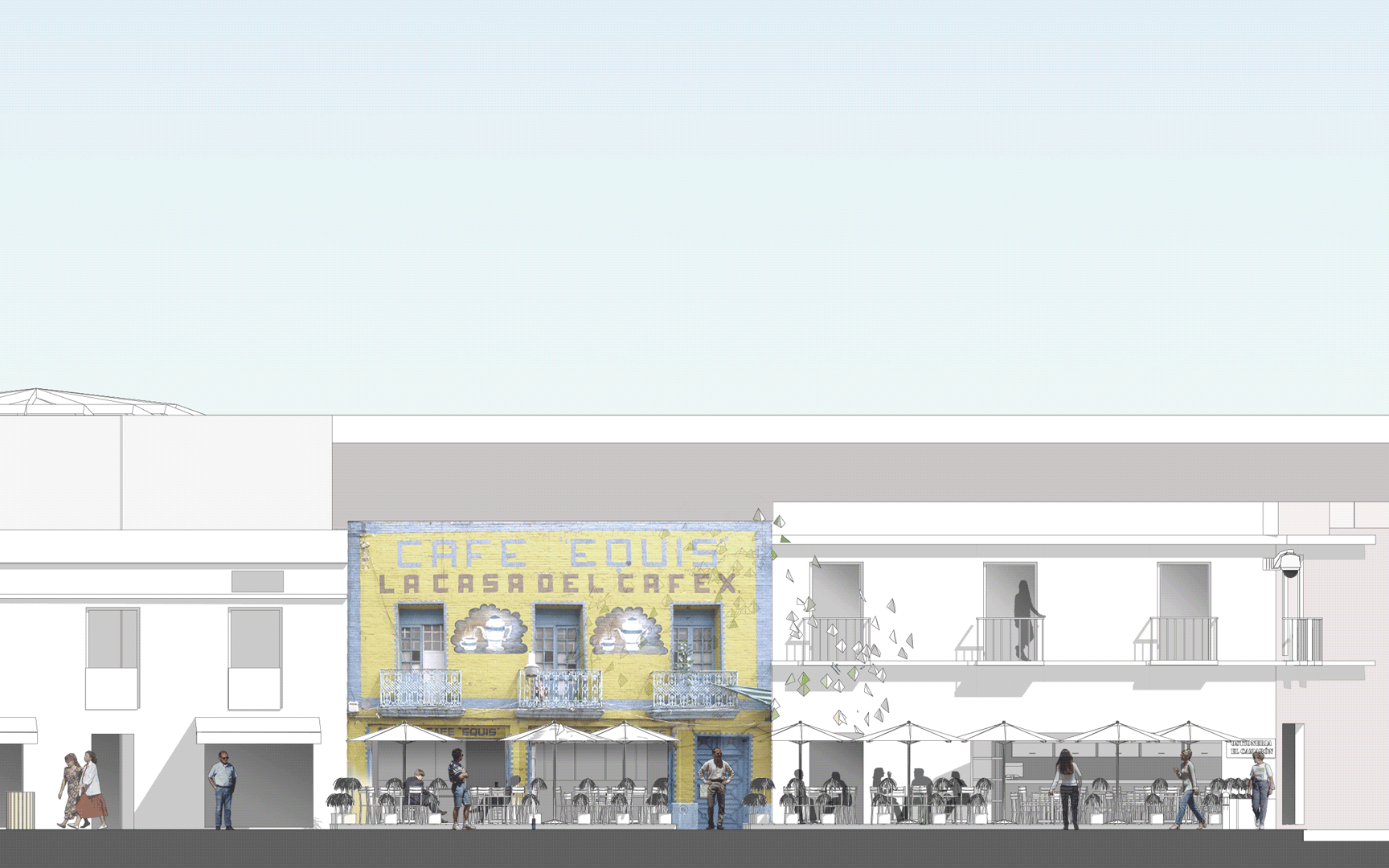 Proposed street elevations of Cafe Equis and Mariscos cantina, Calle Roldan, La Merced, Mexico City