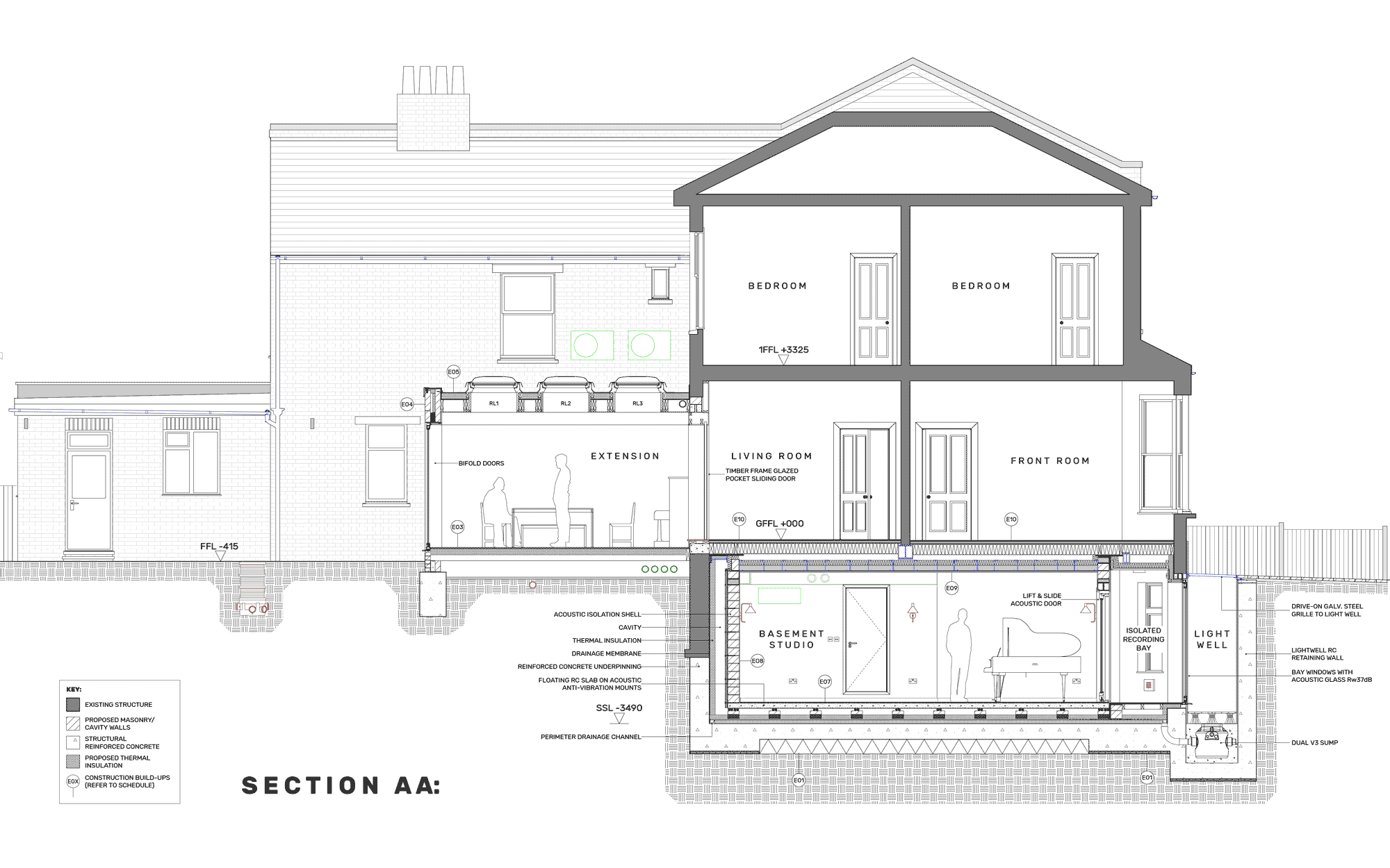 1 to 50 scale section drawing of basement studio and extension to Victorian house